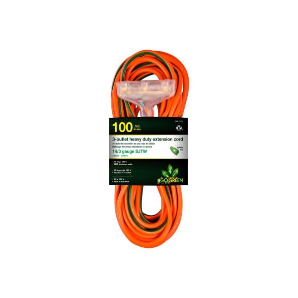 Gogreen SJTW Extension Cord, 14 AWG, Outdoor, 14/3, 3 Outlets, Orange, 100 ft GG-15100 - main
